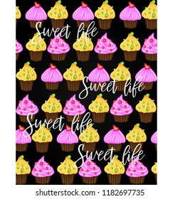 Vector muffin or cupcake with cream and cherry. Colored flat illustration isolated on white background with vintage inscription
