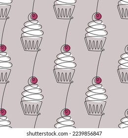 Icono de la línea de cupcakes de muffin vectorial sin fisuras. Resumen de fondo lineal. Esbozar ilustración continua. Papel de escritorio, fondo, tela, textil, impresión, papel envolvente o diseño de paquete.