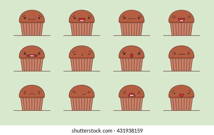 Vector Muffin Set. Set Of Vector Kawaii Muffin Emoticons. Isolated On Green Background.