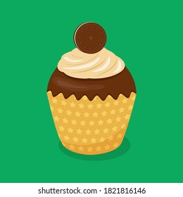 Muffin vectorial con crema de vainilla y galletas de chocolate. Aislado sobre un fondo verde. Ilustración vectorial. Panadería. Cachorro de celebración.