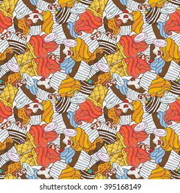 Vector Muffins Seamless Pattern. Cakes, Sweets. Candy wrappers, cups and cream.