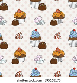 Vector Muffins Seamless Pattern. Cakes, Sweets. Candy wrappers, cups and cream.