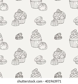Vector Muffins Seamless Pattern. Cakes, Sweets. Candy wrappers, cups and cream.