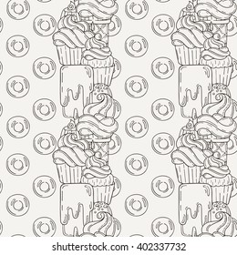Vector Muffins Seamless Pattern. Cakes, Sweets. Candy wrappers, cups and cream.