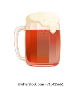 Vector mug of ale. Dark beer with bubbles and foam. Brown beverage in the thick glass isolated on a white background. Detailed icon of tasty alcohol drink for design of pub menu and delivery of beer.
