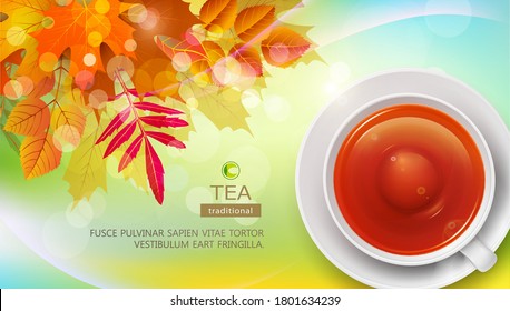 Vector mug of black tea, against the background of autumn leaves. Element for the design of packaging, advertising, template