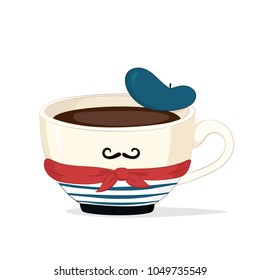 Vector mug of coffee or tea in a national costume of France with mustaches