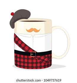 Vector mug of coffee or tea in a national costume of Scotland with a mustache