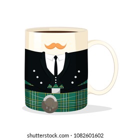  Vector mug of coffee or tea in a national costume of Ireland with mustache