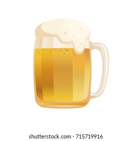 Vector mug of lager. Unfiltered light beer with bubbles and foam. Yellow beverage in the faceted glass on a white background. Detailed icon of a tasty alcohol drink useful for design of tavern menu.