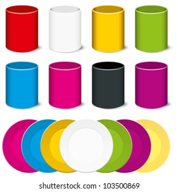 Vector mugs and plates, big set of different color