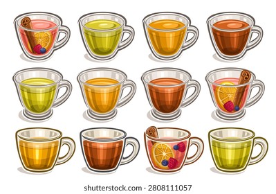Vector Mugs Set, big collection of cut out illustrations colorful tea mugs for tea ceremony, group of different hot drinks in clear cups and glass mugs for cafe or restaurant menu on white background