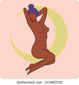 vector mujer afroamericana con piel oscura, orgullosa de su cuerpo sentada en la luna