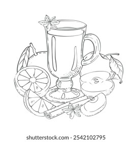 Vetor mulled vine uma bebida de vinho quente com canela, anis estrelado, maçãs e laranja. Ilustração de alta qualidade. Desenho em aquarela sobre fundo branco. Para noites acolhedoras, menus de cafés, vitrines.