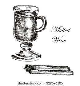 vector mulled wine glass with cinnamon. hand drawn detailed ink sketch illustration