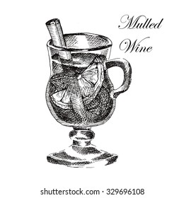 vector mulled wine glass with cinnamon and orange. hand drawn detailed ink sketch illustration