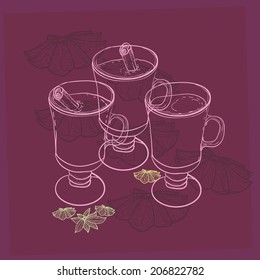 vector mulled wine glasses with hot drink and spices fo seasonal winter illustration