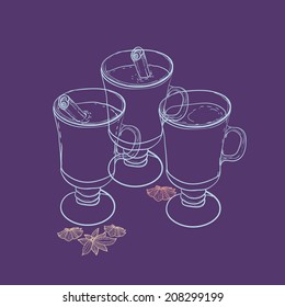 vector mulled wine glasses with hot drink and spices for seasonal winter illustration
