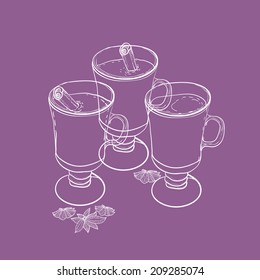 vector mulled wine glasses with hot drink and spices for seasonal winter illustration