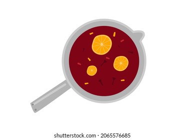 Vector mulled wine in a saucepan preparing a traditional winter hot drink in flat style isolated on white background. Illustration for the menu