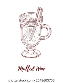 Vector mulled wine with spices line art illustration, graphic line art. Hot wine with cinnamon and anise. Elegant line botanical illustration. Great for any designs, textile, art, walls, package