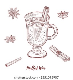 Vector mulled wine with spices line art illustration, graphic line art. Hot wine with cinnamon and anise. Elegant line botanical illustration. Great for any designs, textile, art, walls, package