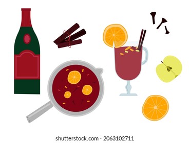
Vector mulled wine, traditional winter hot drink, set of ingredients for milled wine cooking in flat style isolated on white background
