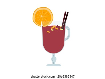 Vector mulled wine, traditional winter hot drink in flat style isolated on white background. Illustration tor menu