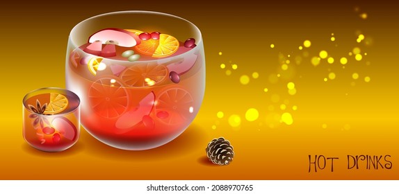 Vector mulled wine, traditional winter hot drink