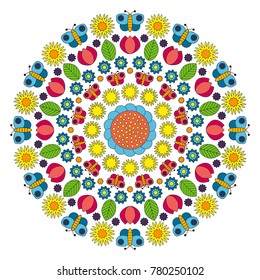 vector multi colored circular spring mandala with flowers, butterflies, leaves and tulips - adult coloring book page