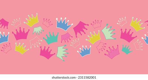 Vector Multi Colored Crowns Pink Background Horizontal Border seamless pattern background.  Perfect for fabric, scrapbooking, wallpaper projects, and paper products.