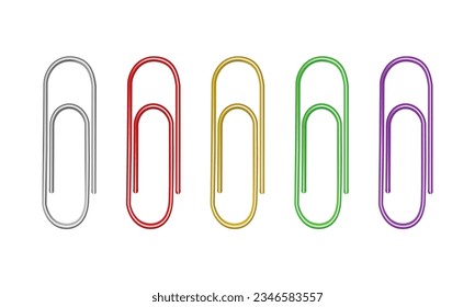 Vector multi colored office paper clip vector illustration set isolated on white background.