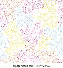 Vector multi doodles seaweeds colourful on white seamless pattern background. Surface pattern design