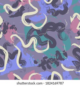 vector multi rough doodle freeform and lines brush stroke overlapped seamless pattern on purple grey