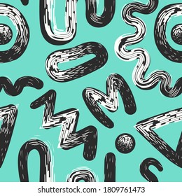 vector multi white rough freeform brush stroke and black lines overlapped seamless pattern on green mint