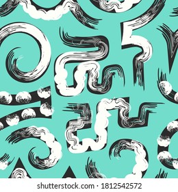 vector multi white rough freeform brush stroke and black lines overlapped seamless pattern on green mint
