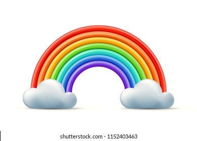 Ilustración vectorial multicolor 3d estilo arcoiris y dos nubes. Fondo o elemento de diseño abstracto de plasticina o arcilla.