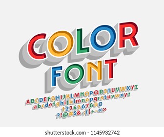 Vector Multicolor Alphabet Letters, Numbers and Symbols. Bright 3D Font.