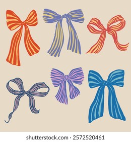 Vector multicolor bows set. Hand-drawn gift bow isolated on beige background. Holiday illustration for design, print, fabric or background.