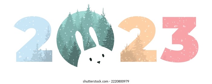 Vector multicolor calendar date 2023, hare among the trees and snowfall. Rabbit peeking out of number 0 isolated on white background. Happy new year 2023 with a bunny in the forest