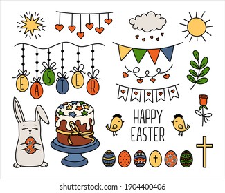 Vector Multicolor Easter Decoration Cartoon Set. Hand drawn hanging Egg Garland, Flags, Cake, Bunny, Cross, Hearts, Chicken. Traditional Spring Holiday symbols for design kid print, poster, card
