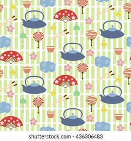 Vector multicolor endless japanese background. Seamless pattern with sleighbell, wind chime, japanese fan, cup, utiva, cherry blossom, teapot, cloud and chopsticks