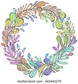 Vector multicolor forest round wreath woven from cute sea buckthorn berries and shrub leaves. Ligature frame of stems and petals with  with pink, blue, purple, red berries shades.