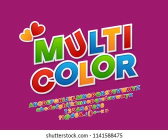 Vector Multicolor Funny Alphabet Letters, Numbers and Symbols. Sticker style bright Font for Children.