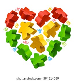 Vector multicolor game pieces in the shape of heart. Red, yellow and green wooden meeples, and resources counter icons isolated on white background. Concept of love by board games