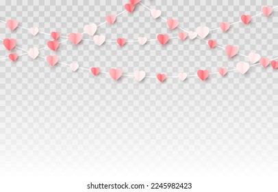 Vector multicolor hanging paper hearts png. Heart shaped paper confetti png. Garland of hearts png. Hearts for Valentine's Day, March 8, Mother's Day.