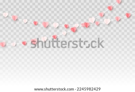 Vector multicolor hanging paper hearts png. Heart shaped paper confetti png. Garland of hearts png. Hearts for Valentine's Day, March 8, Mother's Day.