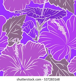 Vector multicolor hibiscus flower with leaves and buds. Seamless pattern on violet background.