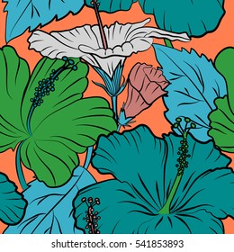 Vector multicolor hibiscus flower with leaves and buds. Seamless pattern on orange background.