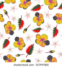 Vector multicolor hibiscus flower with leaves and buds. On white background.